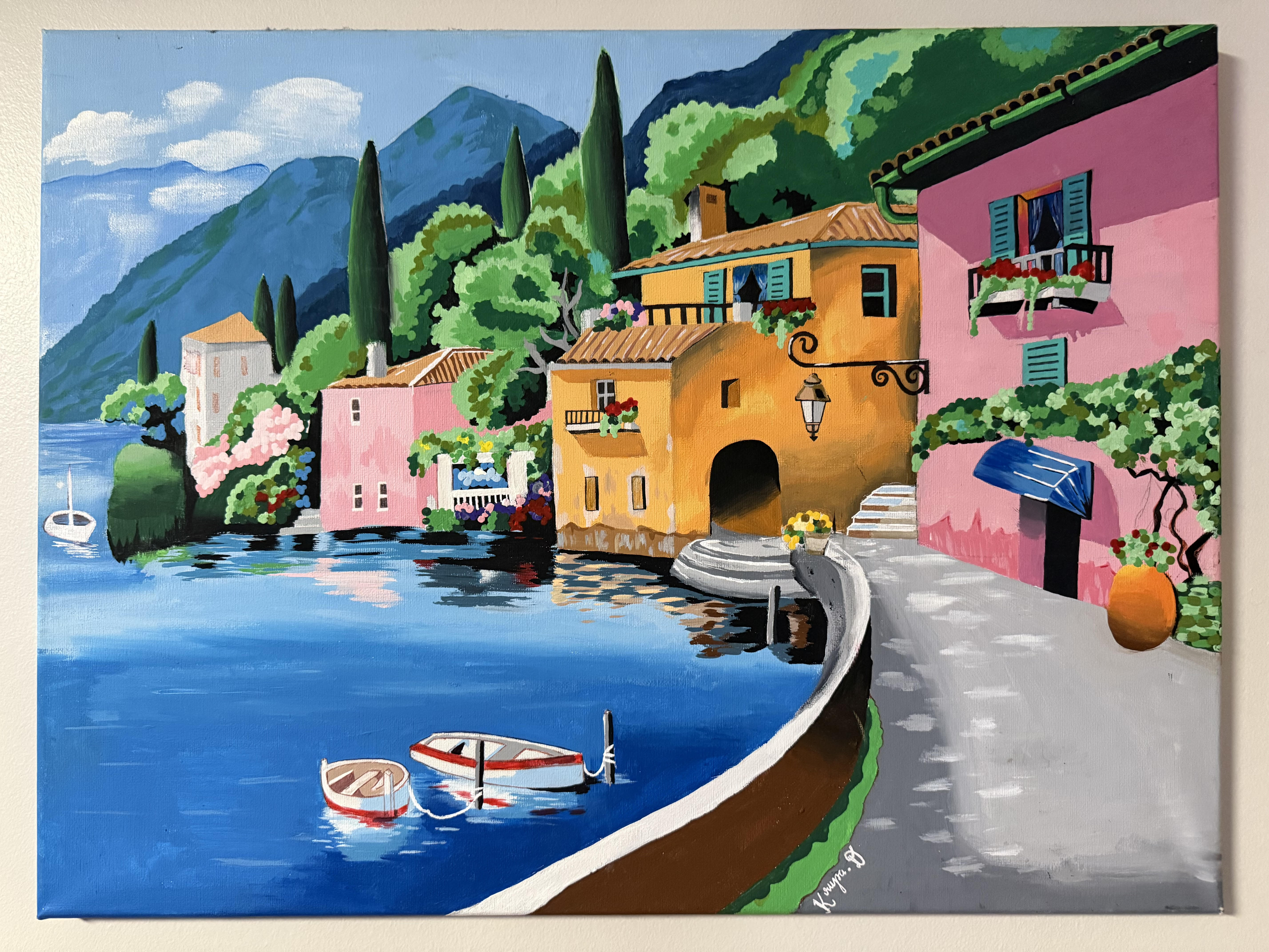 Mediterranean coastal village scenic painting